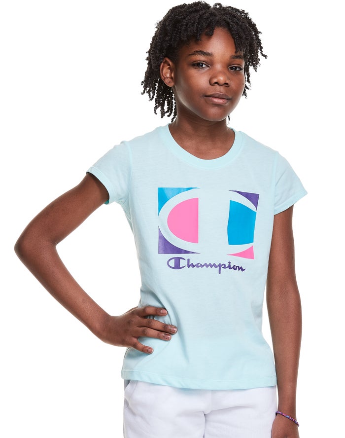 Champion Girls T-Shirt NZ - Classic Graphic Colorblock Logo Light Blue ( 5082-ABEZO )